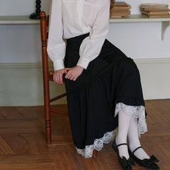 Hnewly Japanese Style Long Skirt Women Vintage Harajuku Gothic Black Skirts Elegant Lace Patchwork Autumn Winter A-line Skirt