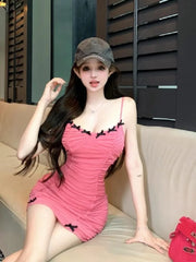 Hnewly Woman Dress Bow Sleeveless Slash Neck Sexy Ruched Backless Summer Fashion Chic Mini Dresses Elegant Party Female