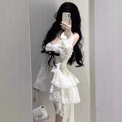 Hnewly DRESS TO IMPRESS Y2K Lace Bodycon Mini Dresses for Women Slash Neck Flare Sleeve A-line Birthday Party Short Train Dress Korean Fashion Vestidos