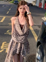 Hnewly Streetwear Plaid Patchwork Dresses Halter Backless Sexy Grunge Y2k Aesthetic Irregular Vestidos Harajuku Woman Sleeveless Dress