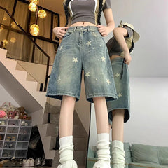Hnewly Star Pattern Y2K Denim Shorts Women Streetwear High Waisted Wash Knee Length Jeans Woman Summer Wide Leg Shorts Female