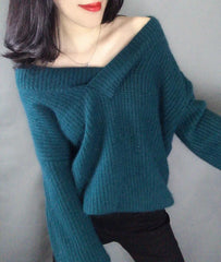 Hnewly Fuzzy Knit V-neck Sweater Women Cozy Long Sleeve Plain Jumper Pullovers Women Warm Soft Knitwear Autumn Winter Basic Outfit