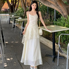 Hnewly French Elegant Camis Dress for Women Fashion Lace Patchwork Irregular Midi Dress Summer New Beach Vacation Embroidered Vestidos