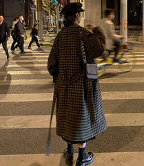 Hnewly Autumn Winter Long Loose Casual Soft Plaid Woolen Coat Women Double Breasted Stylish Chic Luxury Designer Clothes