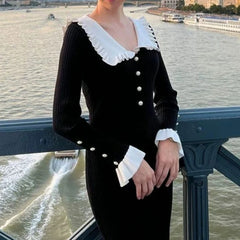 Hnewly Elegant Knitted Long Skirt Women Black Vintage Long Sleeve Party Dresses Sweet Ruffle Patchwork Sweater Maxi Dress Slim