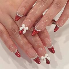 Hnewly 24Pcs Almond False Nails Cute Strawberries with French Design Simple White Wearable Fake Nails Decoration Press on Nail Tips Art