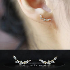 Hnewly Korea Exquisite Curved Shiny Zircon Wheat Stud Earrings for Women Sweet Romantic Wedding Pendiente Plata Jewelry