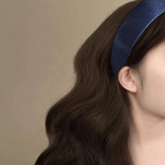 Hnewly 1Pc Blue Satin Shimmering Wide-Brim Headband for Autumn Winter American Retro Style, Luxe Vibe, Suitable for Face Washing Hair S