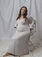 Hnewly Maternity Photoshoot Dress Knitted V-Neck Sleeve Pregnancy Gown Baby Shower Outfit Fall Autumn Winter Elegant Maxi Dress