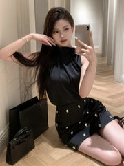 Hnewly Summer Women 2 Piece Skirt Sets Sexy Summer Strapless Bandage Sleeveless Blouses Office Lady Mini Skirts Korean Chic Y2k Suit