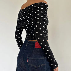 Hnewly Vintage Elegant Off-shoulder T-shirt Women Casual Full Sleeve Skinny Shirt for Summer Streetwear Basic Tees y2k Aesthetic