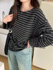 Hnewly Autumn Women Harajuku Striped T Shirt Long Sleeve O-Neck Casual Oversize Top Femme Streetwear Black Grey Loose Street Tops Y2K
