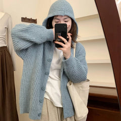 Hnewly Hooded Cardigan Sweater for Women Morandi Pink Blue Button-Up Knitted Hoodie Jacket Autumn Winter Teen-girl Slouchy Knitwear