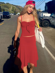 Hnewly Sling Skirt Suit Women's Sleeveless Solid Slim T shirt Top Irregular Long Skirt High Waist Casual Summer Fashion Set