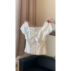 Hnewly Lace White Slim Kawaii Cute Women Clothes T Shirt Suit Harajuku Sexy Sweet Girl Japanese Grunge Crop Top 90s Baby Tee Femme Y2k
