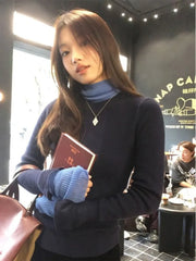 Hnewly Vintage Fake Two Piece Knitted Tops Mujer 2025 Autumn Winter Half-high Collar T-shirt for Women Y2k Slim Fit Long Sleeve Tees