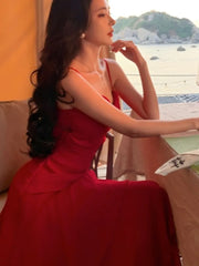 Hnewly Summer Red Womens Dresses Elegant Spaghetti Strap Sleeveless Ruffles Birthday Party Long Dress Holiday Prom A-Line Vestidos New