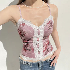 Hnewly y2k Tops Women Coquette Clothing Floral Print V Neck Spaghetti Strap Sleeveless Camisole Vest 2000s Clothes Streetwear