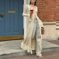 Hnewly Women Y2K Chic Flare Long Sleeve Aesthetic Button-down V-Neck Ruffle Hem Hollow Out Knitted Long Dress Boho Beachwear