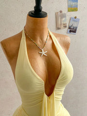 Lunivop Women's Sexy Deep V-Neck Halter Tie Ruched Mini Dress Yellow Beach Vacation Party Dress