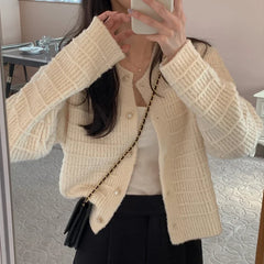 Hnewly Button Front Knit Cardigan Sweater for Women Long Sleeve Single Breasted Sweater Jacket Ladies Autumn Winter Elegant Outfit