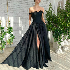 Hnewly Off The Shoulder Appliques Charming Evening Dresses A-Line Floor Length Sweep Train Sleeveless Side Slit Formal Gown