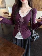 Hnewly Lace Patchwork V-neck 3D Flower T-shirt for Women 2025 New Slim Waist Bottoming Tops Mujer Y2k Long Sleeve Tee Shirt