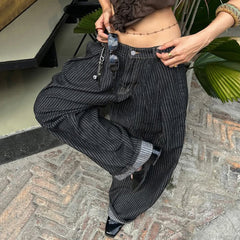 Hnewly Women Striped Relaxed Fit Jeans Retro Low Rise Wide Leg Denim Pants Grunge Loose Trousers Spring Y2K Clothes