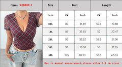 Hnewly Classic Plaid V-Neck Short-Sleeve T-Shirt Daily Comfortable Purple Cropped Top Fashion Korean Reviews Many Girls Clothes