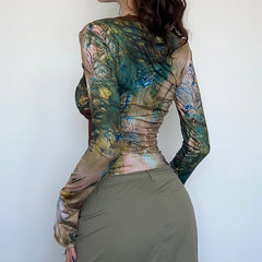 Hnewly 90s Vintage Crop Top Women Drawstring Bandage Patchwork Full Sleeve Square Collar T Shirt Grunge y2k Print Shirts Autumn