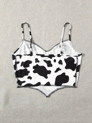 Hnewly Summer Sexy Women's Cow Print Ruffled Tank Top Print Contrast Stitching Camisole Tank Top