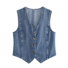 Hnewly Denim Waistcoat y2k Women Solid Color V Neck Single Breasted Sleeveless Vest Jeans Crop Top Jacket Summer Streetwear