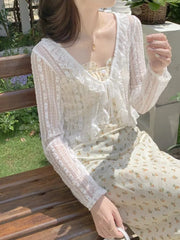 Hnewly Women's Lace Cardigan Tie-up Ruffled Lace Trim Long Sleeve See-Through Mesh Crop Top Shrug Cardi Spring Summer Cute Outfit