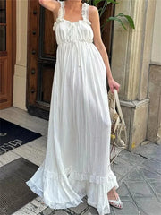 Hnewly Women White Long Dress Lace Trim Tie-up V Neck Sleeveless Ruffle Loose Tank Dress for Evening Party Club Bohemian Summer