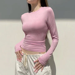 Hnewly Solid Basic Skinny T-shirt Casual Slim-fitting Crewneck Cropped Top Women Full Sleeve Cute Coquette Pink Tee y2k Vintage
