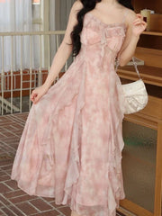 Hnewly Casual Fairy Floral Strap Dress Women Chiffon Elegant Evening Party Midi Dress Ruffle Sweet Korean Dress Women Sweet Summer