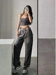 Hnewly European Retro Casual Style Solid Color High Waist Trend Women's Loose And Thin Harem Pants Fake Two-piece MJK8