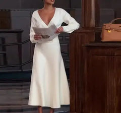 Hnewly Autumn New Women's Long - Sleeve Deep V - Neck Solid Color Two - Piece Set Buttoned Top with Midi Skirt