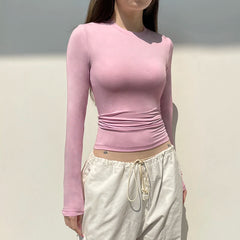 Hnewly Solid Basic Skinny T-shirt Casual Slim-fitting Crewneck Cropped Top Women Full Sleeve Cute Coquette Pink Tee y2k Vintage