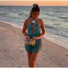 Hnewly Sexy Green Halter Short Dress Women Slim Lace Up Hollow Out Sleeveless Backless Dresses Summer Lady Party Beach Robes