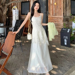 Hnewly French Elegant Camis Dress for Women Fashion Lace Patchwork Irregular Midi Dress Summer New Beach Vacation Embroidered Vestidos