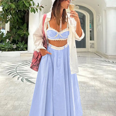 Hnewly Lace Patchwork Camisole Vest + A-line Skirt Hot Girl Set Women's High Waist Skirt Bras Sweet Blue Beach Summer Two-piece Set