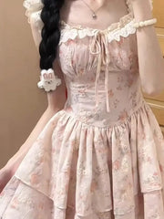Hnewly Fairy Skirt Dress Summer Waist Cinched Short Bouncy Sleeve Strapless Polyester Korean Style Commute A-Line Dress