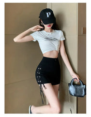 Hnewly Hot Girl Drawstring Black High Waist Wide-leg Women's Slim Fit Thin Pants
