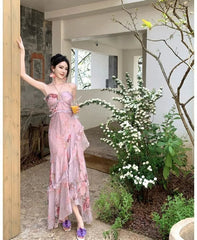 Hnewly Woman Dress Sexy Elegant Sleeveless Floral Printed Spring Fashion Irregular Ruffles Holiday Hollow Out Backless Dresses