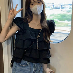 Hnewly Black Ruffles Blouses Women Kawaii Vintage Flying Sleeve Korean Style Personality Girlish Harajuku Streetwear Daily Summer Tops