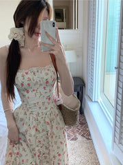 Hnewly Elegant Vintage Floral Midi Dress Women Beach Style Strap Dress Even Party Korean Fashion Clothing Y2k 2000s Bodycon Slim Summer