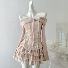 Hnewly Y2k Aesthetic Two Pieces Set Slash Neck Bow Knitted Women Sweater + Sweet High Waist Lace Patchwork A-Line Skirts Grunge Suit