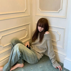 Hnewly Y2k Vintage Off Shoulder Knit Sweater Women Autumn Korean Fashion Aesthetic Harajuku Jumper Gyaru Sexy Pullover Loose