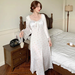Hnewly Retro Court Style Square Collar Long Sleeve Nightdress New Spring Women Nightgown Sleepwear Sweet Print Flower Lace Home Dress